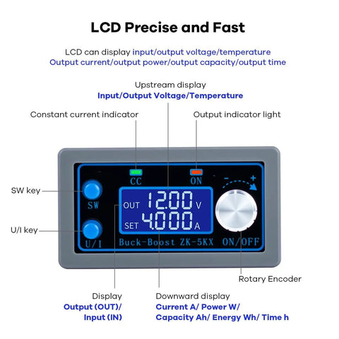 Buck Boost DC Power Converter CC CV 0.6 To 36 Volt Output 5 Amp Lab Power Supply Module with LCD display interface.