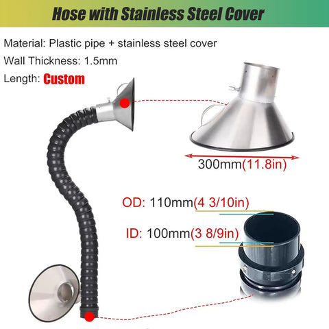 Adjustable Multi Position Exhaust Arm with stainless steel hood, 300mm cover, 110mm OD, 100mm ID for fume extraction