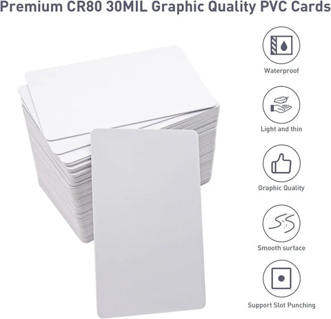 Top Shelf Blank PVC ID Badge Cards For Card Printers CR80 Standard White Stock 30 Mil Thick 1000 Pack Ready To Roll stacked with smooth surfaces.