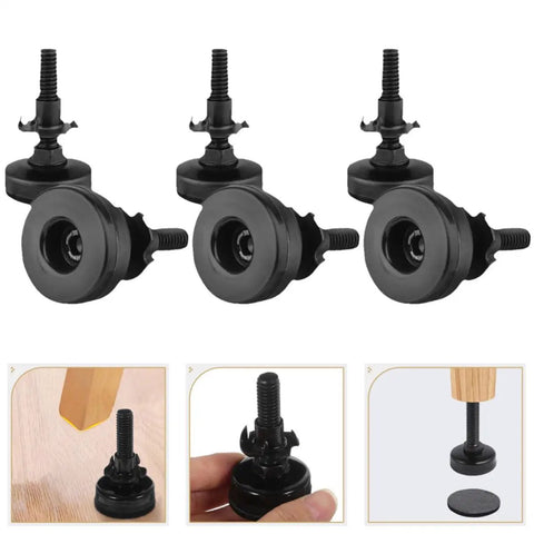 Adjustable Furniture Support Legs Set For Sofa Cabinet And Table, black plastic feet, close-up of assembly and usage
