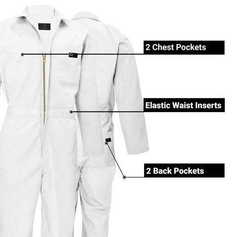 Tough As Nails Long Sleeve Coveralls For Men Heavy Duty Work Jump Suit Featuring Six Spacious Utility Pockets And A Secure Crew Fit In Crisp White Large Size detailed with 2 chest pockets and elastic waist inserts.