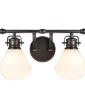 Two Light Metal Bathroom Vanity Wall Light Fixture 16 Inch Wide Bronze With Opal Glass Shade Transitional Style Bath Lighting