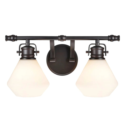 Two Light Metal Bathroom Vanity Wall Light Fixture 16 Inch Wide Bronze With Opal Glass Shade Transitional Style Bath Lighting