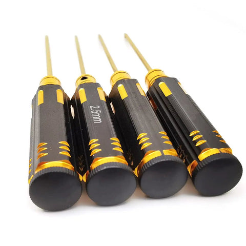 Hex Driver Set Four Piece Steel Allen Keys Kit For RC Gear, 1.5 Mm, 2.0 Mm, 2.5 Mm, 3.0 Mm, visible with titanium nitride coating.