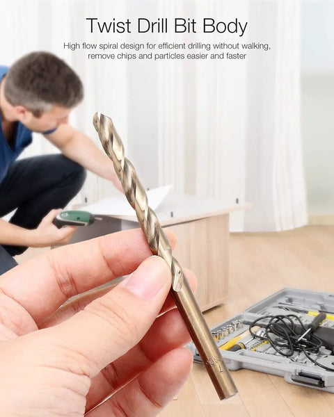 Premium 99 Piece Cobalt Drill Bit Set 1.5 To 10Mm Range Precision Ground For Stainless Steel wood and heavy metal drilling twist drill bit in hand.