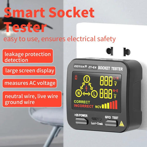 Outlet Tester With GFCI And NCV Non Contact Voltage Detection For North American Outlets in 2/3 prong socket showing readings
