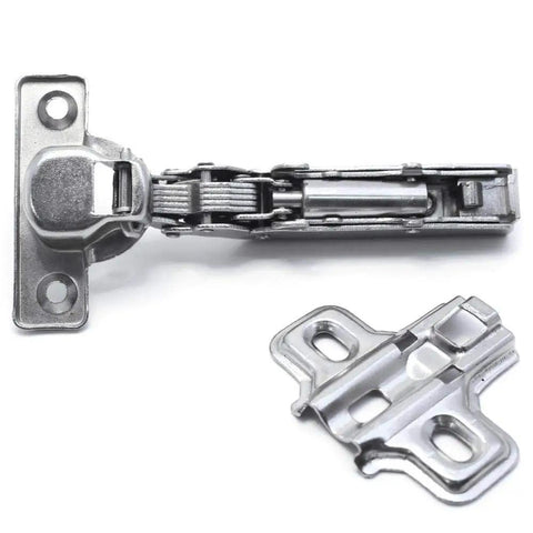 90 Degree Inset 26mm Small Furniture Hinge With Soft Close Mini Hydraulic Damper for kitchen cabinets, shown with mounting plate