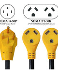 Close-up of RV Power Adapter Cord 50A Male to Dual 30A Female, NEMA 14-50P to 2x TT-30R with plug details shown