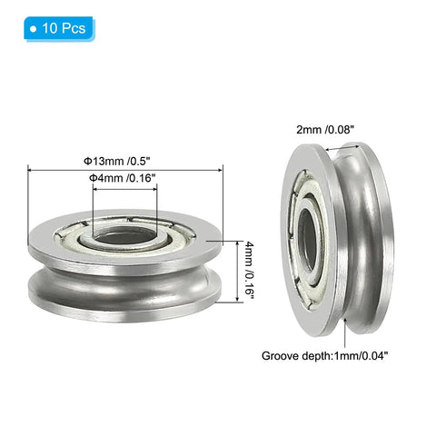 20 Pack U Groove Bearing Set 4x13x4mm Carbon Steel Sealed Ball Bearings For Track Liner Motion System Pro Grade Heavy Duty Quiet Smooth Rolling Corrosion Resistant High Strength Lightweight Rail Wheel Rollers, 10 pcs, 13x4mm