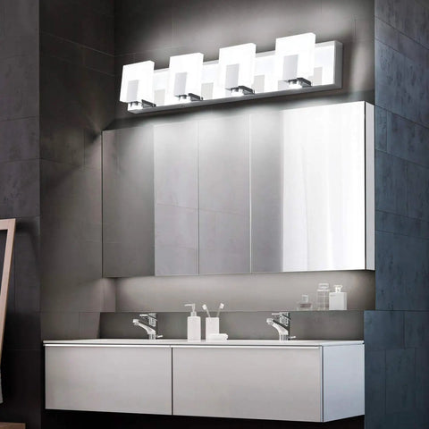 Over Mirror Vanity Lights Three Light Modern Chrome Fixture for Bathroom Stainless Steel Frame with Acrylic Shade displayed above mirror