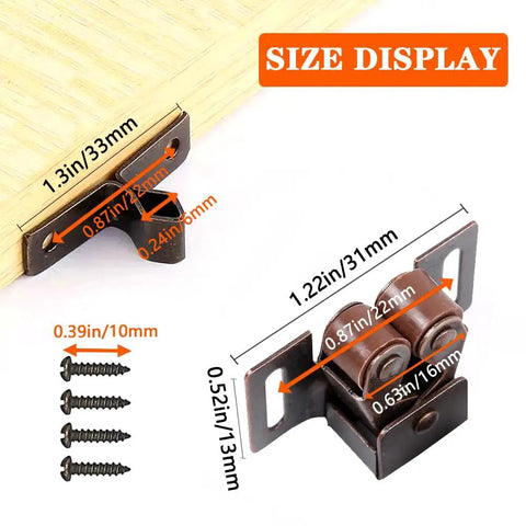 Heavy Duty Double Roller Cabinet Latch Bronze Copper Finish 2 Pack Spring Loaded Door Catch size display with dimensions and screws