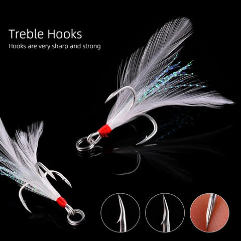 Heavy Duty 40G Saltwater Fishing Jigs Straight Fire Speed And Slow Jigging Pitching Lure Collection with treble hooks and feathers.