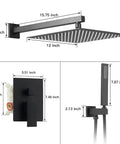 Complete Matte Black Shower System With 10 Inch Square Rain Shower Head And Handheld High Pressure Brass Valve, Trim, Hose