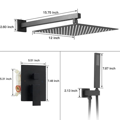 Complete Matte Black Shower System With 10 Inch Square Rain Shower Head And Handheld High Pressure Brass Valve, Trim, Hose