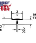 Diagram of Flexible Center Barb T Molding for Three Quarters Inch Panels, showing dimensions in black and white. Made in USA badge.