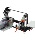 Workhorse Variable Speed Belt Sander And Knife Grinder With Wheel And Flat Platen Tool Rest For Sick Polish Results 72X2 Inch Belt 1500W Motor 220V side view with motor and adjustable components.