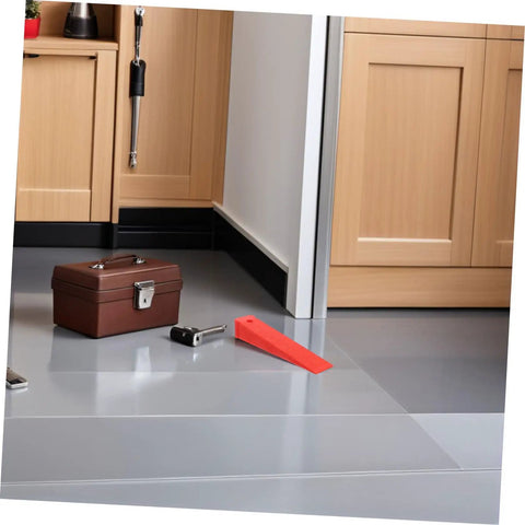 Red Plastic Leveling Wedges And Reusable Gap Filler Shims For Bullseye Door And Window Alignment on gray floor with tools.