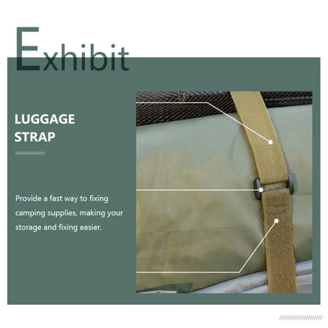 Close-up of heavy duty polyester luggage strap securing camping supplies for stability during travel.