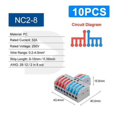 No Screw Required Lever Wire Connector Splitter Push In Terminal Kit For Electrical Wiring And Lighting Projects Made With Tin Plated Copper Contacts Plus Flame Retardant Housing To Keep Your Circuits Safe And Strong. NC2-8 10pc lever connector, 43.4 x 40 x 15.6 mm