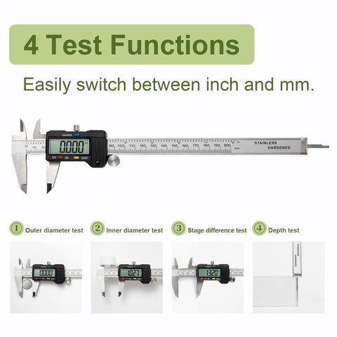 Digital Caliper 0 to 8 Inches With Stainless Steel Ruler Auto Off Dual Jaws For Depth Internal And External Measurements