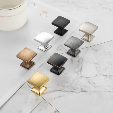 Ten Pack Small Oil Rubbed Bronze Cabinet Knobs Square Single Hole Pulls For Cabinets Drawers Dresser 25mm on marble surface
