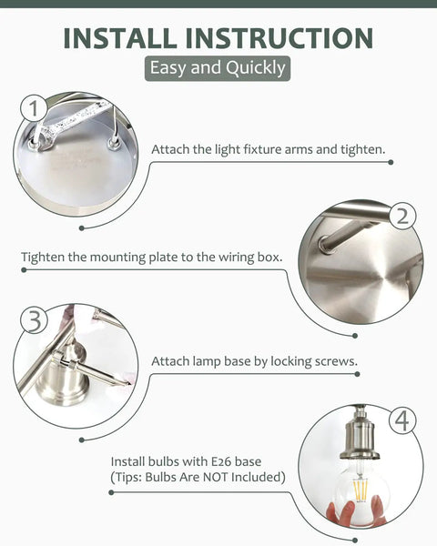 Installation instructions for Three Light Vanity Fixture In Brushed Nickel, Modern Farmhouse Wall Sconce, E26 Base, Silver Finish