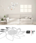 DIY Silver Mirror Leaf Wall Clock Sticker Kit With Modern Hollow Floral Design Self Adhesive Wall Decal For Living Room Bedroom Office Decor Silent Movement Easy Peel And Stick Elegant Home Accent, silver PVC wall clock
