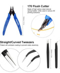 170 flush cutter and straight/curved tweezers from Must Have All In One Resin 3D Printer Tools Kit With Stainless Steel Funnel Silicone Pad