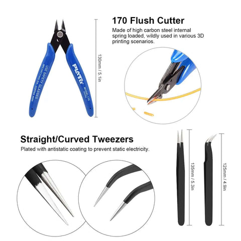 170 flush cutter and straight/curved tweezers from Must Have All In One Resin 3D Printer Tools Kit With Stainless Steel Funnel Silicone Pad