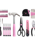 Pink 39 Piece All Purpose Household Tool Kit Set For Women with compact tools like hammer, pliers, tape measure, screwdrivers for DIY projects.
