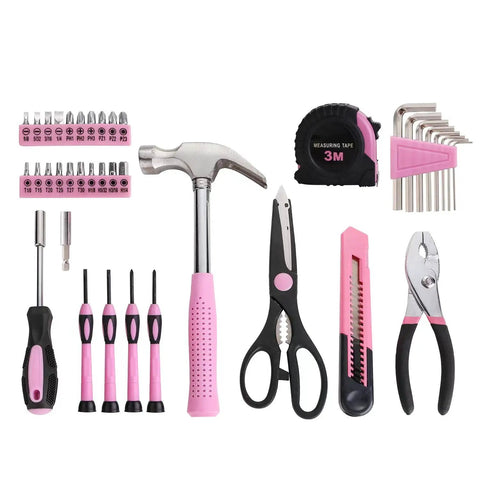 Pink 39 Piece All Purpose Household Tool Kit Set For Women with compact tools like hammer, pliers, tape measure, screwdrivers for DIY projects.