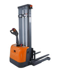 3300 Lbs Full Electric Walkie Stacker Material Lift With Straddle Legs And Adjustable Forks Up To 98 Inches Max Lifting Height side view with control handle.