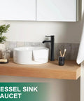 Chrome Vessel Sink Faucet Tall Modern Design With Single Handle One Hole Mount in RV bathroom setting.