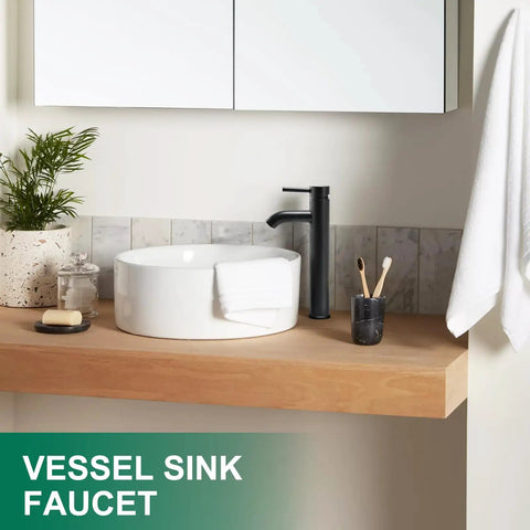 Chrome Vessel Sink Faucet Tall Modern Design With Single Handle One Hole Mount in RV bathroom setting.