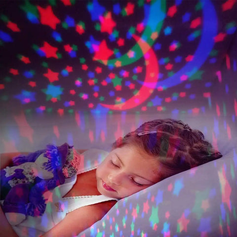 Girl sleeping under Pink Star Projector Night Light For Kids Room Decor With A Cozy Dreamy Vibe For Girls Ages 3 4 5 6 7 8 9 10 Projects Up To 15 Feet Creating A Soft Eye Safe Starry Sky At Bedtime That Makes Bedtime A Little More Magical Gift Idea stars and moon projection