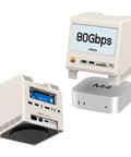 Kickass Retro Dock Station For Mac Mini M4 Pro With Built In Cooling Fan And Five Inch HD Screen Drives Enclosure Thunderbolt Compatible Hub SD Memory Slot 8K Monitor Port Heavy Duty Office Setup Sweet Plug And Play Game Changer Tech Gift, showing front and back views.
