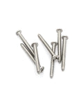 Thirty Piece Heavy Duty Stainless Steel Screws Number Ten By Two Inch Self Tapping Pan Head Wood And Metal Fasteners Zero Rust Top Shelf Cross Drive Hardware Bulk Lot, group of screws on white background.