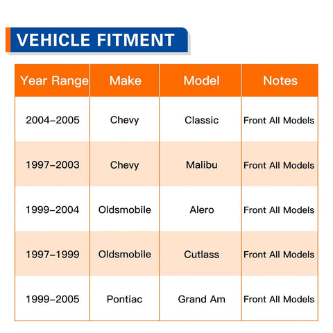 Vehicle fitment chart for Front Wheel Hub And Bearing Assembly For 2004 2005 Chevy Classic, 1997 2003 Malibu, 1999 2004 Oldsmobile Alero, 1997 1999 Cutlass, 1999 2005 Pontiac Grand Am With ABS, For Your Daily Ride, Premium OE Replacement For A Smooth Ride And Quiet Operation.