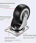 8 Piece One Point Five Inch Heavy Duty Furniture Caster Wheels with Smooth Rolling PVC Rubber Tires and Secure Locking Brakes close-up of durable polyurethane wheel and bracket.