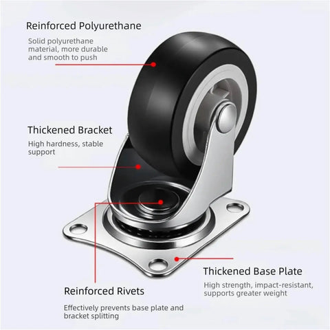8 Piece One Point Five Inch Heavy Duty Furniture Caster Wheels with Smooth Rolling PVC Rubber Tires and Secure Locking Brakes close-up of durable polyurethane wheel and bracket.