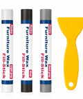 No Fuss Wood Filler Sticks Kit Featuring Three Practical Gray Tones For Swift Furniture Touch Ups, 3 wax sticks and scraper.