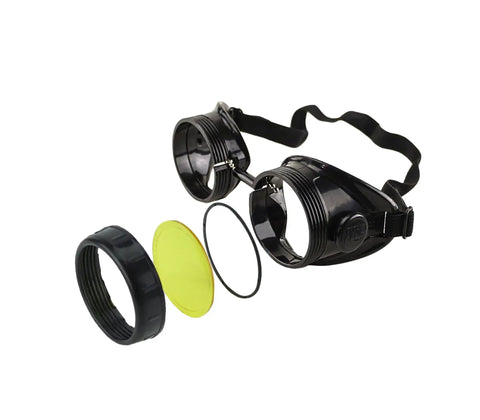 Badass Cup Type C Frame Welding and Laser Enhancing Safety Goggles with UV IR Green Lenses Adjustable Nose Pads and Rugged Pouch disassembled view of lenses and frame.