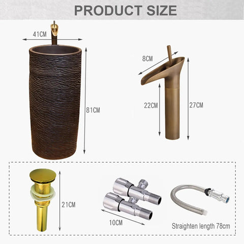 Handcrafted Ceramic Vessel Sink With Floor Stand And Basin Combo Featuring Built In Faucet Shelf And Durable Nonporous Drain For Indoor Outdoor Bathroom Remodel No Sweat Setup Sweet Upgrade size chart with sink and faucet dimensions.