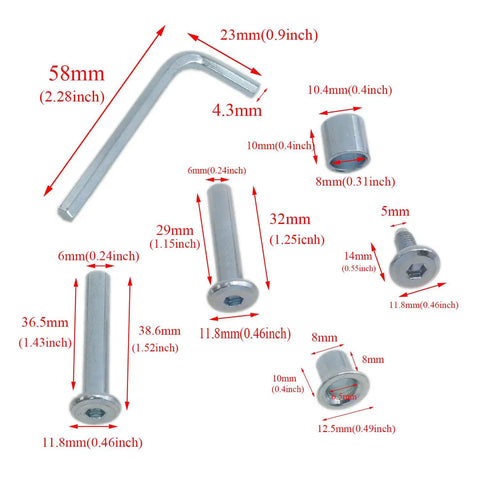 Pro Grade Replacement Shaft Gaskets for Inline Skates and Skateboard Tools Kit with sizes in millimeters and inches.