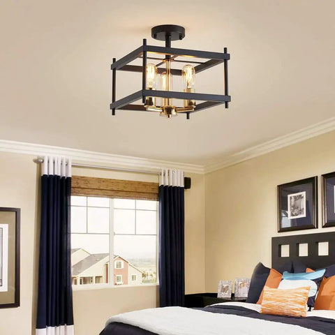 Farmhouse Semi Flush Mount Ceiling Light Fixture Built For Rustic Style, Steel Square 3-Light With E26 Base, Matte Black And Light Gold Finish