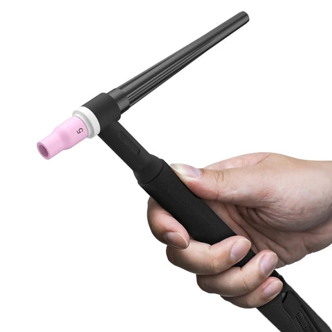 WP 20F 250Amp Water Cooled TIG Welding Torch With Flexible Head And 25 Foot Cable Pro Grade Build Built To Last For Steel And Aluminum Welds Gas And Water Line Connections Included - hand holding the torch's flexible head