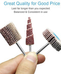 Three 80 Grit Flap Wheel Sander Set For Rotary Tools With One Eighth Inch Shank Cone Shape Abrasive Sanding Bits in hand.
