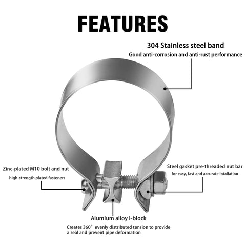 Two Pack Tough As Nails Stainless Steel Exhaust Band Clamps Sleeve For Butt Joint Pipes detailed features diagram