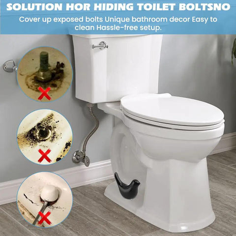2 Pack Ceramic Bird Toilet Bolt Covers Straight Up Hide Rusty Floor Screws, installed on a white toilet with visible decorations.