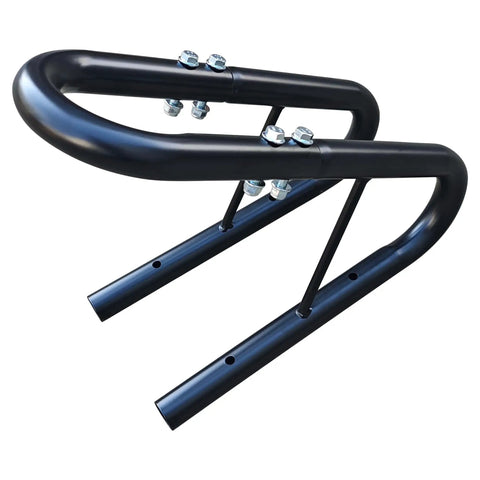 Side view of No Wobble 4 Bolt Heavy Duty Wheel Chock Kit for Motorcycles and Dirt Bikes, 5.5 Inch wide, powder-coated steel, 1 inch tube construction.